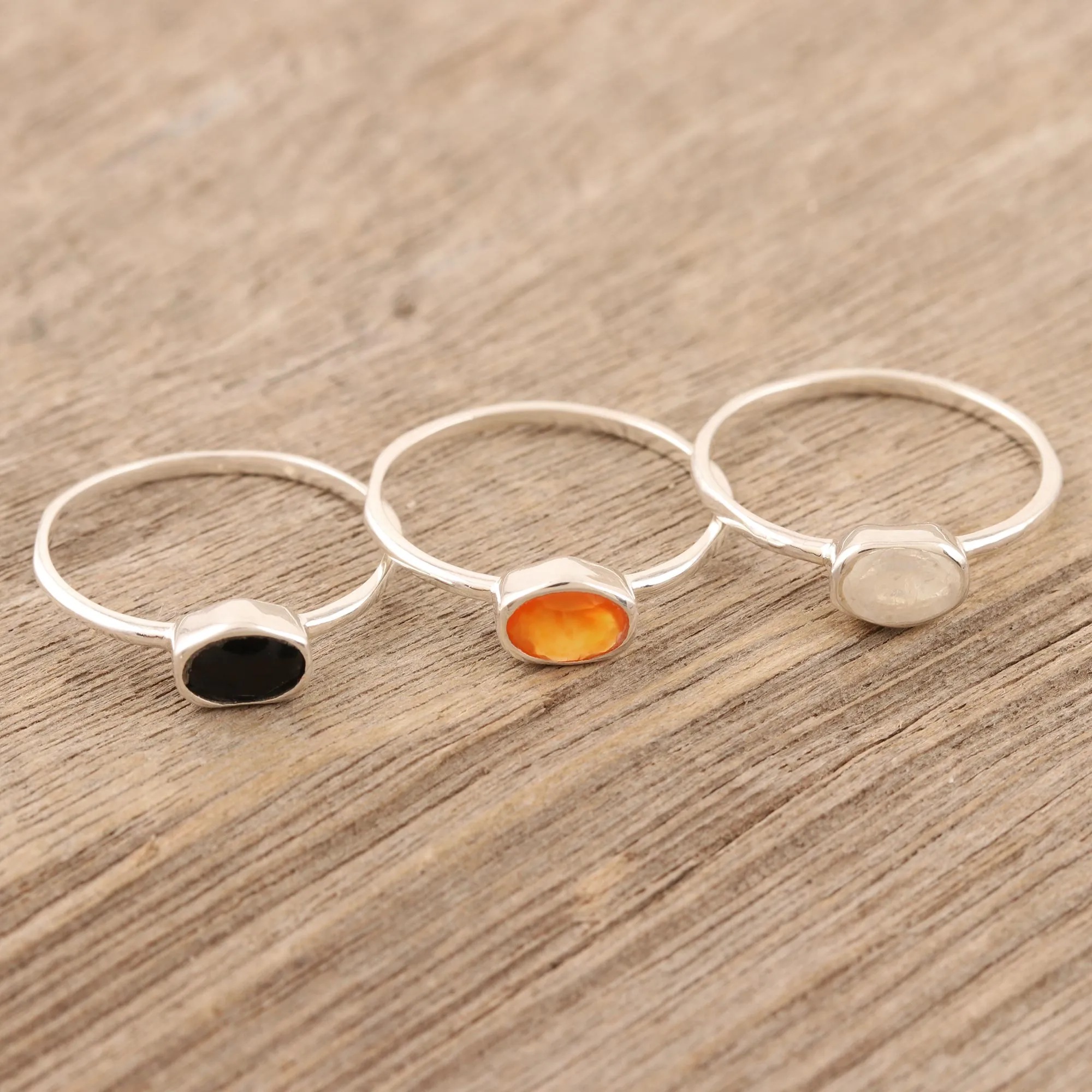 Rainbow Moonstone and Onyx Single Stone Rings (Set of 3) - Underground Rumor | NOVICA