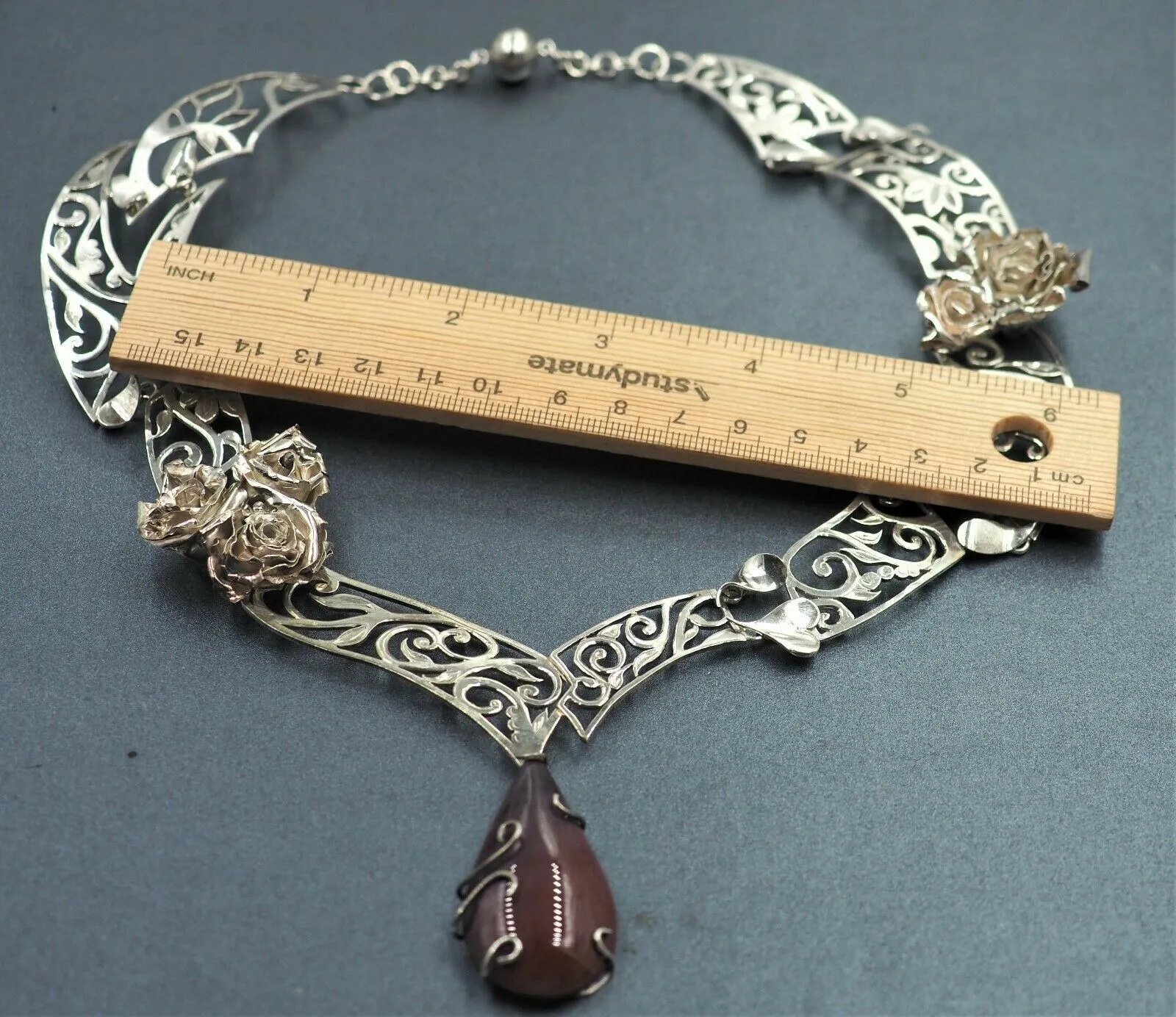 Red Jasper & Rose Filigree Sterling Silver Necklace