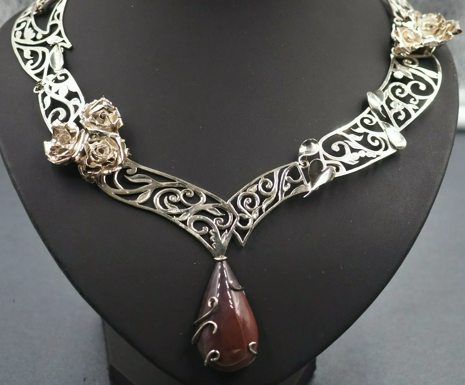 Red Jasper & Rose Filigree Sterling Silver Necklace