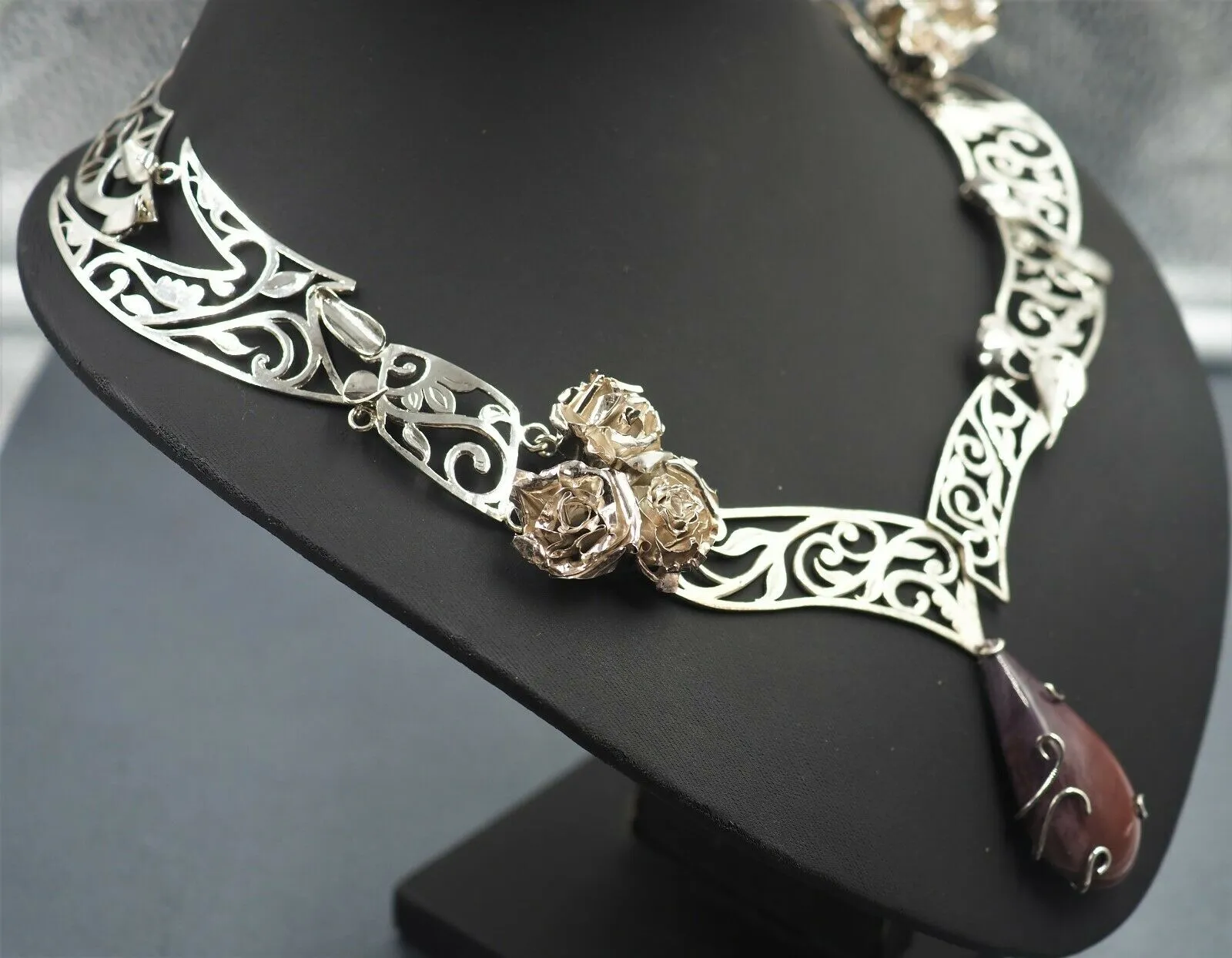 Red Jasper & Rose Filigree Sterling Silver Necklace