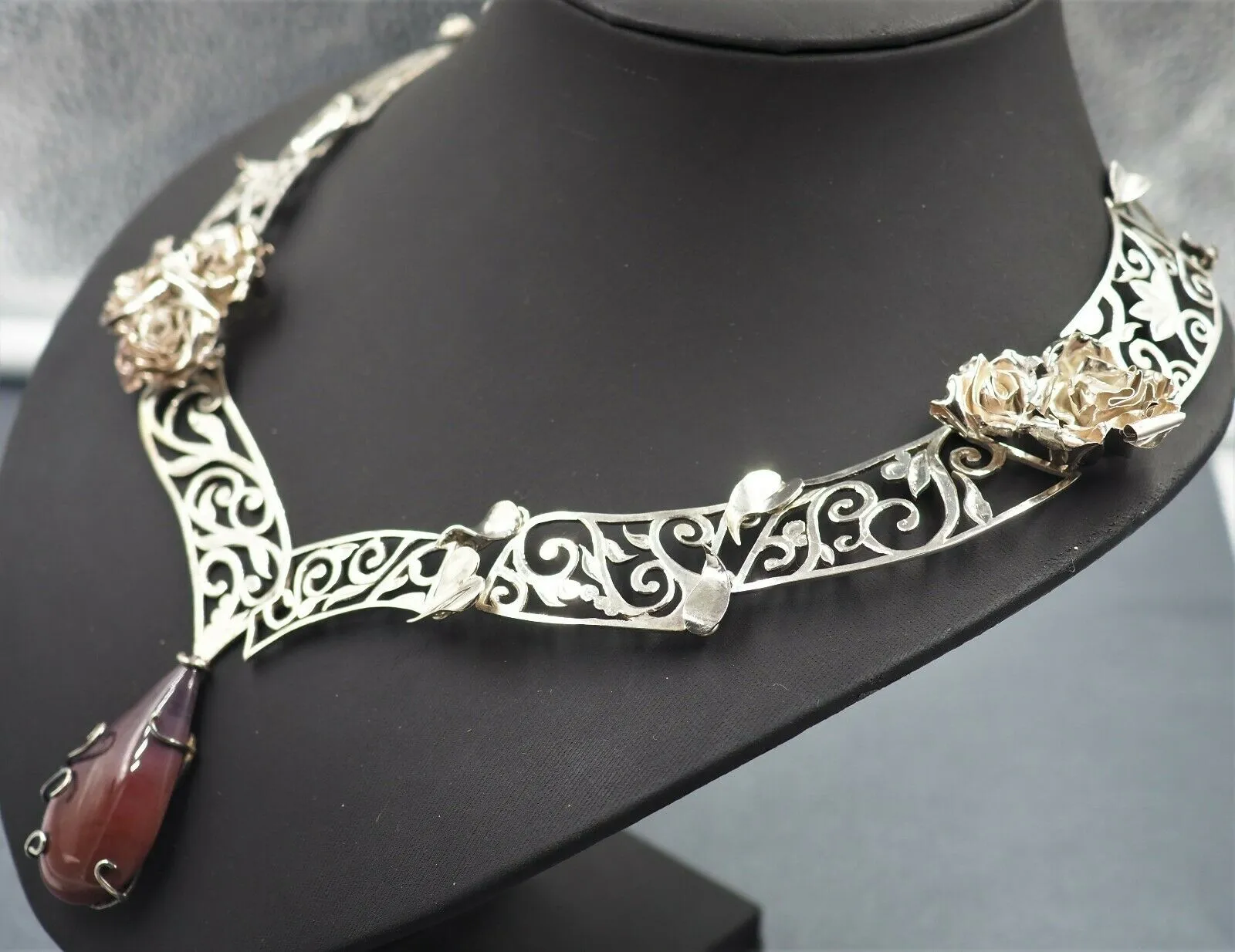 Red Jasper & Rose Filigree Sterling Silver Necklace