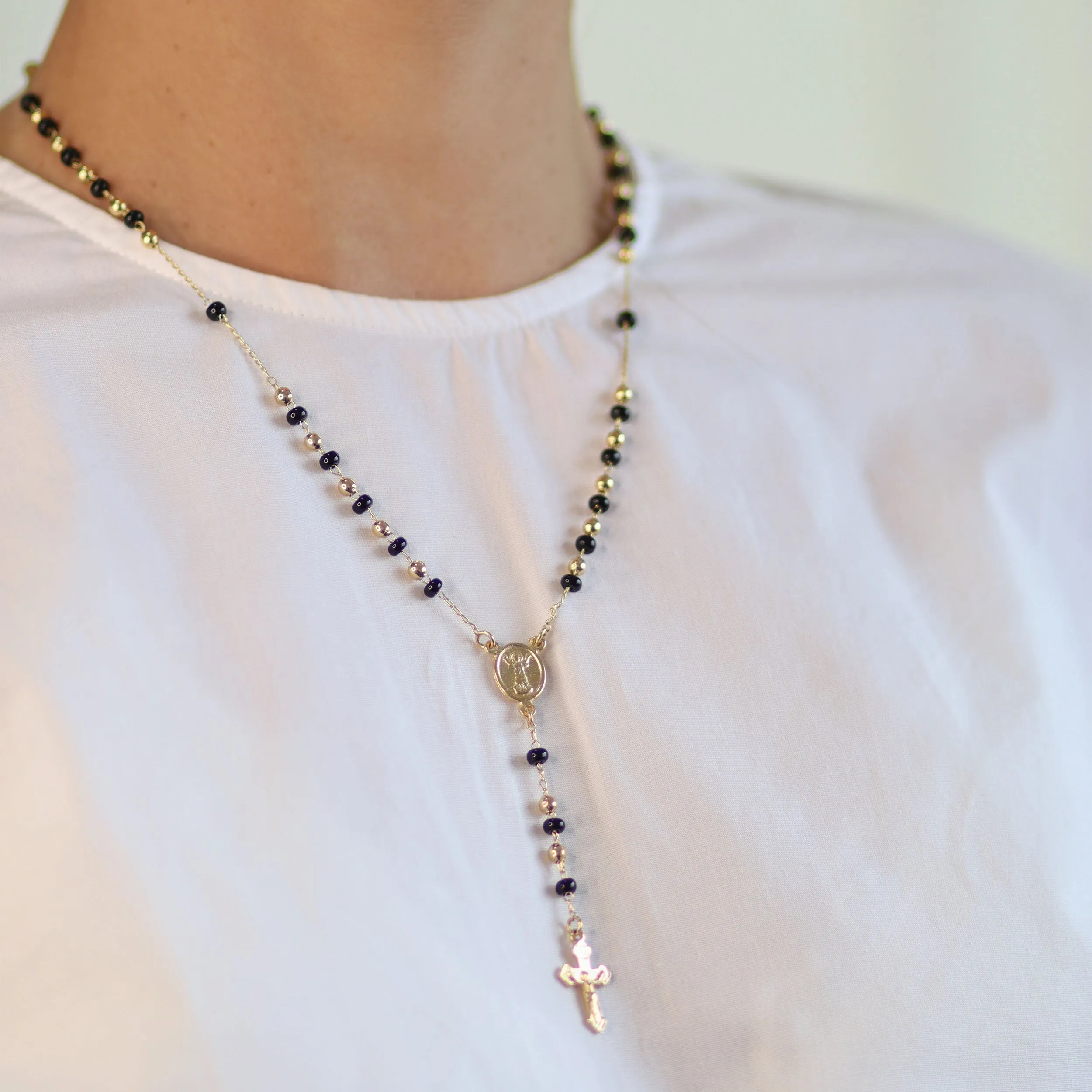 Religious Black & Gold Bead Rosary Necklace with Virgin Mary & Crucifix Cross