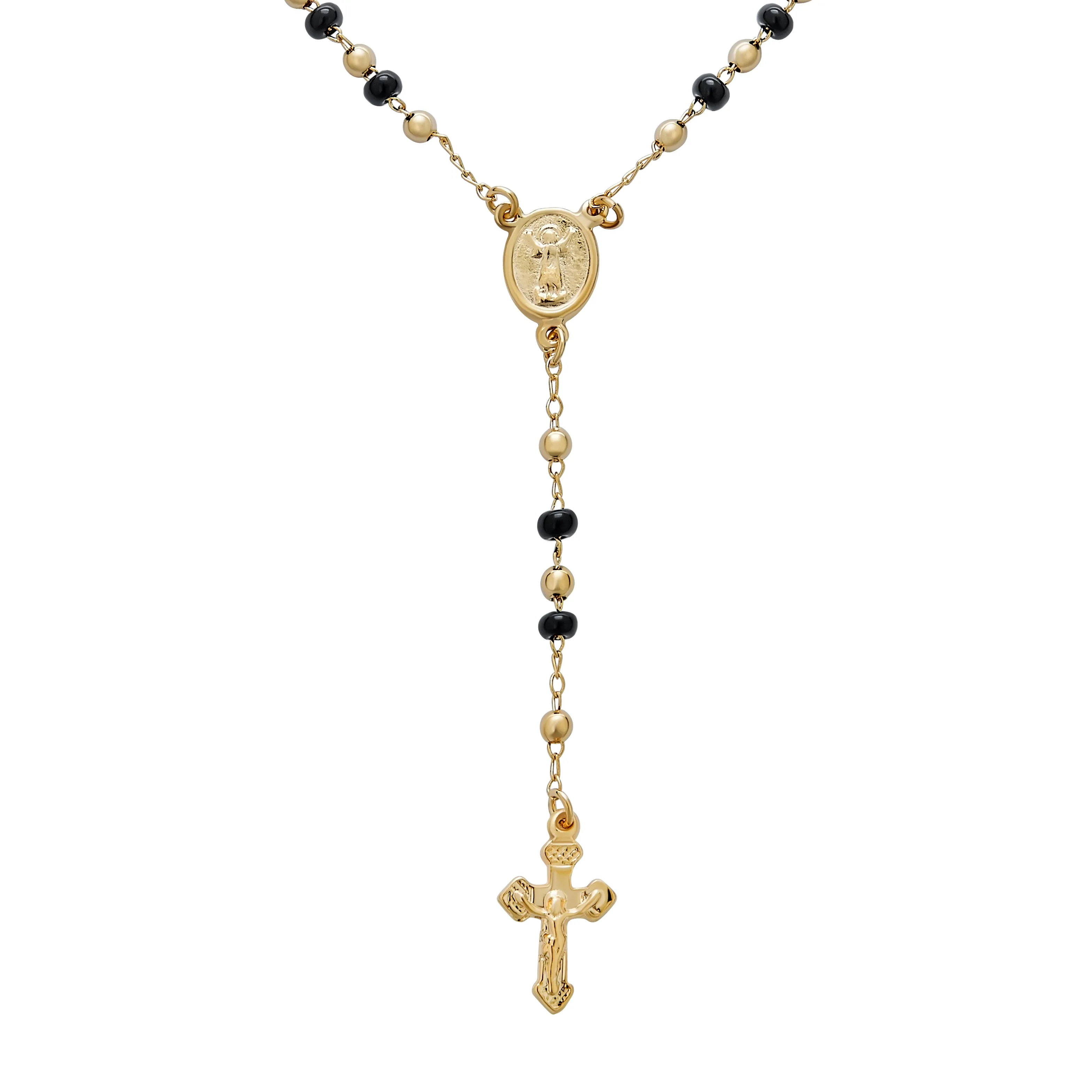 Religious Black & Gold Bead Rosary Necklace with Virgin Mary & Crucifix Cross