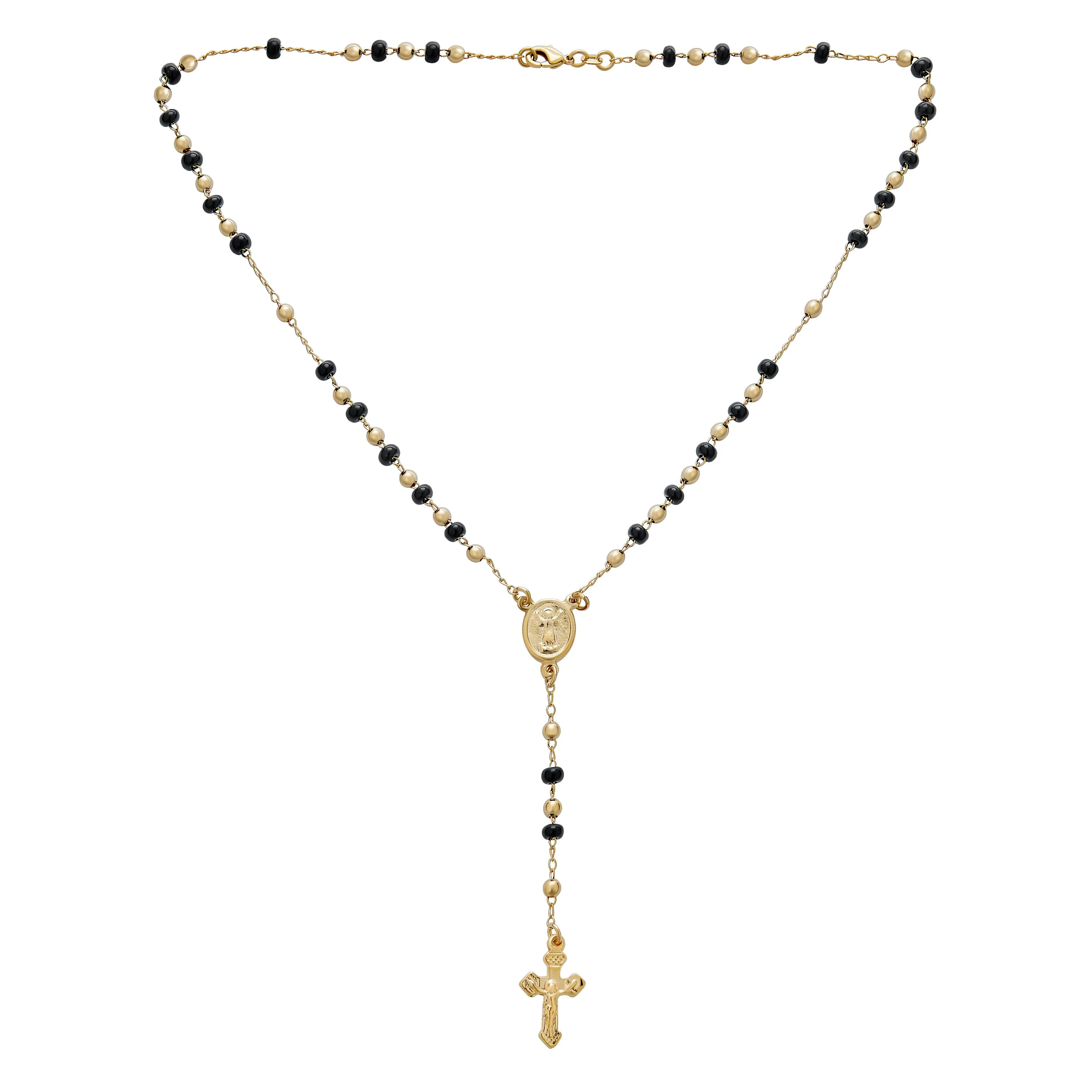 Religious Black & Gold Bead Rosary Necklace with Virgin Mary & Crucifix Cross