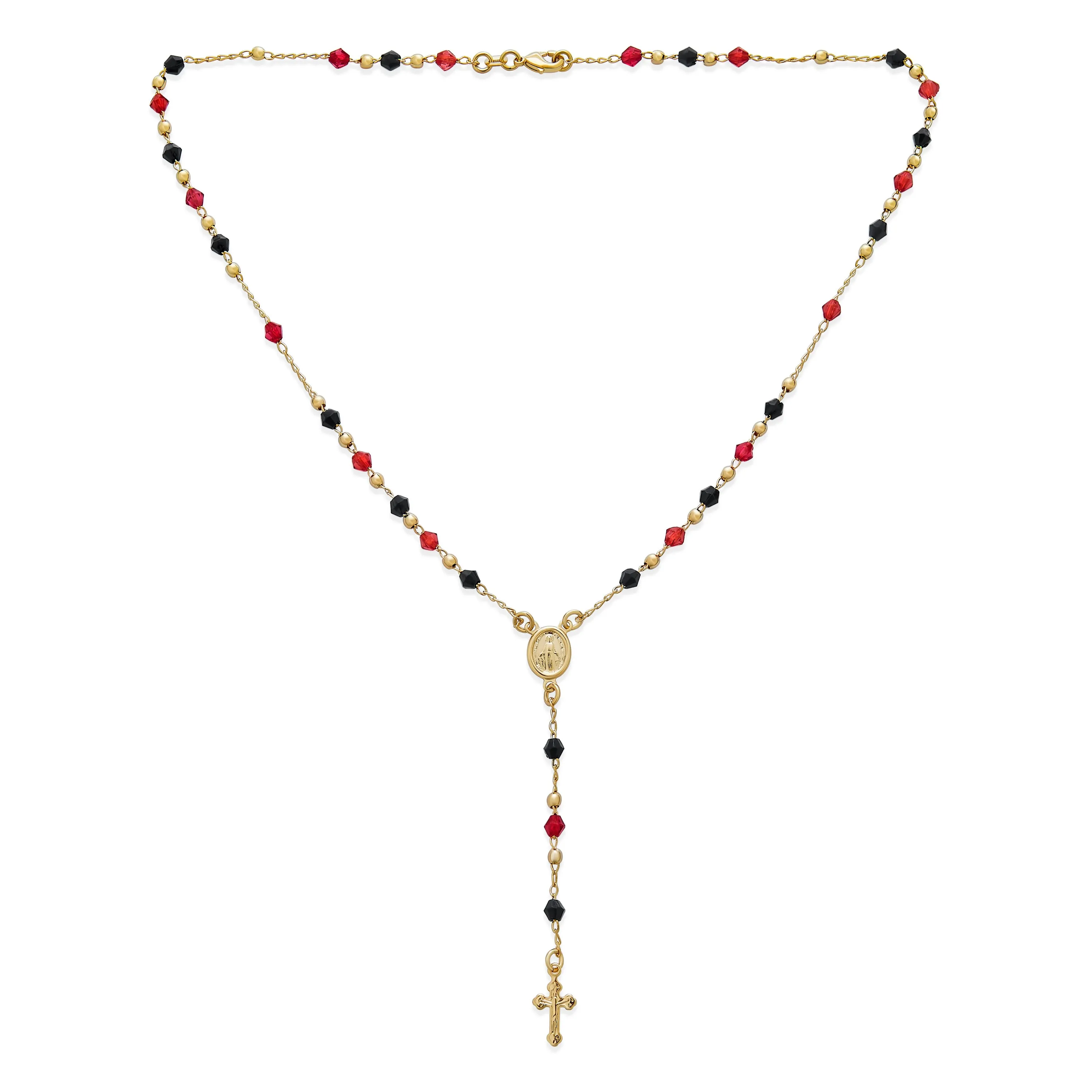 Religious Red Black Bead Rosary Necklace with Virgin Mary and Crucifix Cross