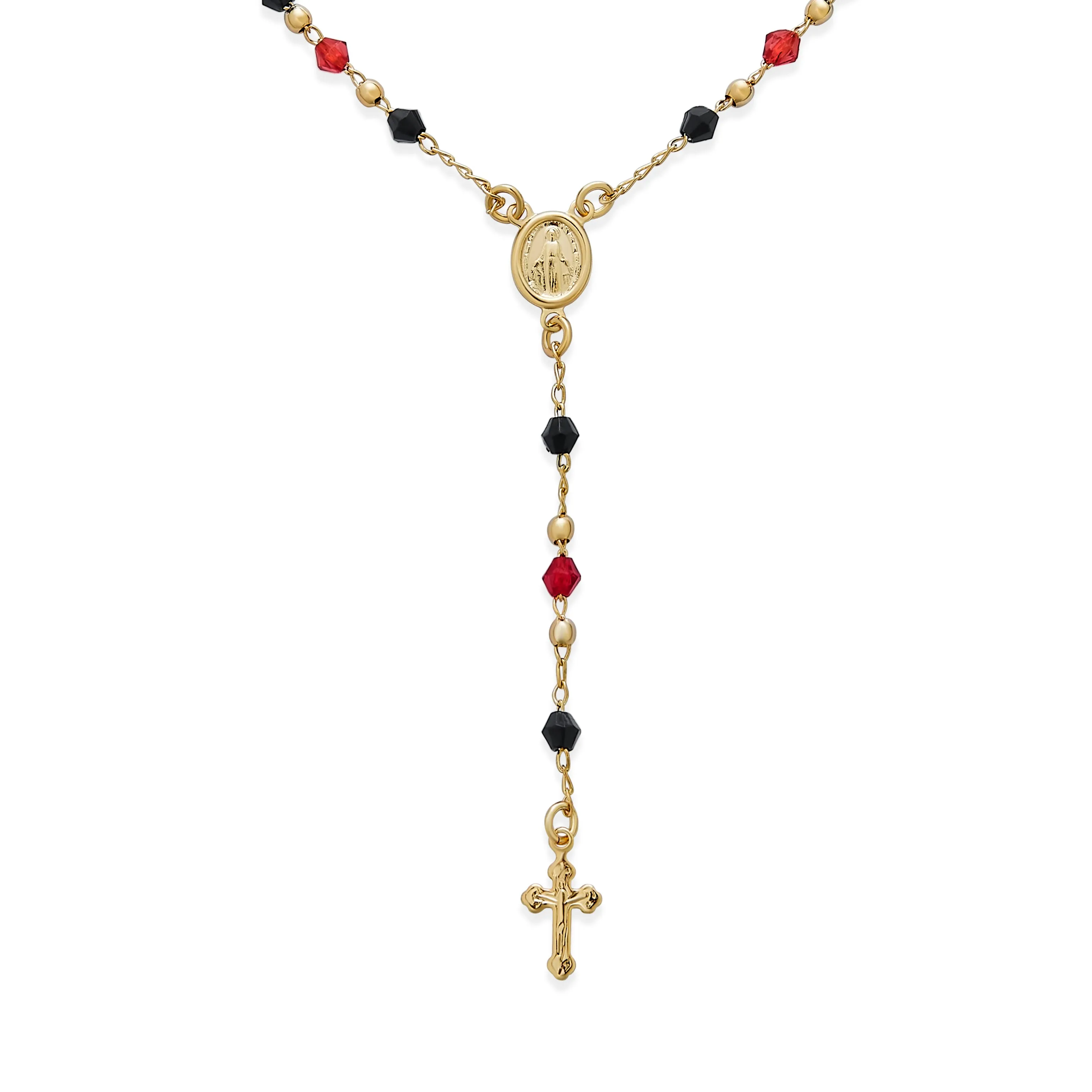 Religious Red Black Bead Rosary Necklace with Virgin Mary and Crucifix Cross