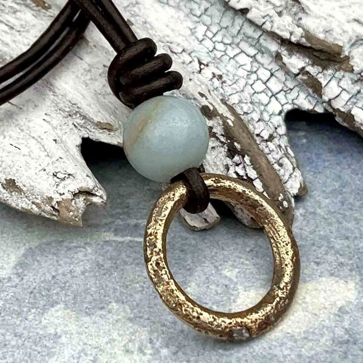 Rich Golden Bronze Raised Ridge Celtic Ring Money & Genuine Amazonite Leather Necklace | Artifact #8371