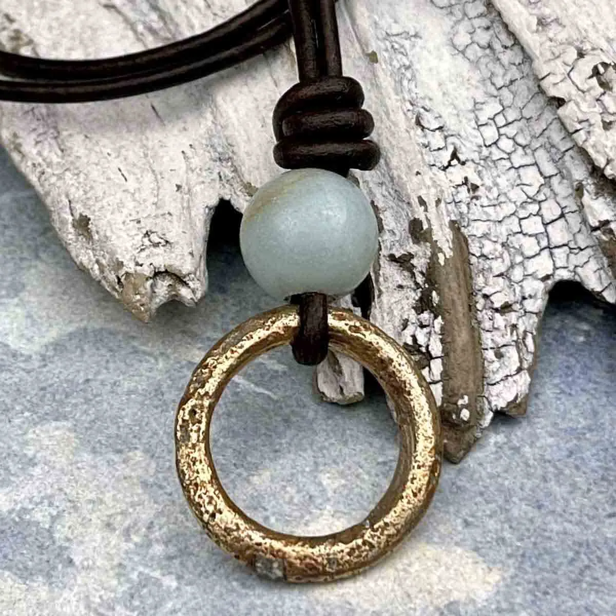 Rich Golden Bronze Raised Ridge Celtic Ring Money & Genuine Amazonite Leather Necklace | Artifact #8371