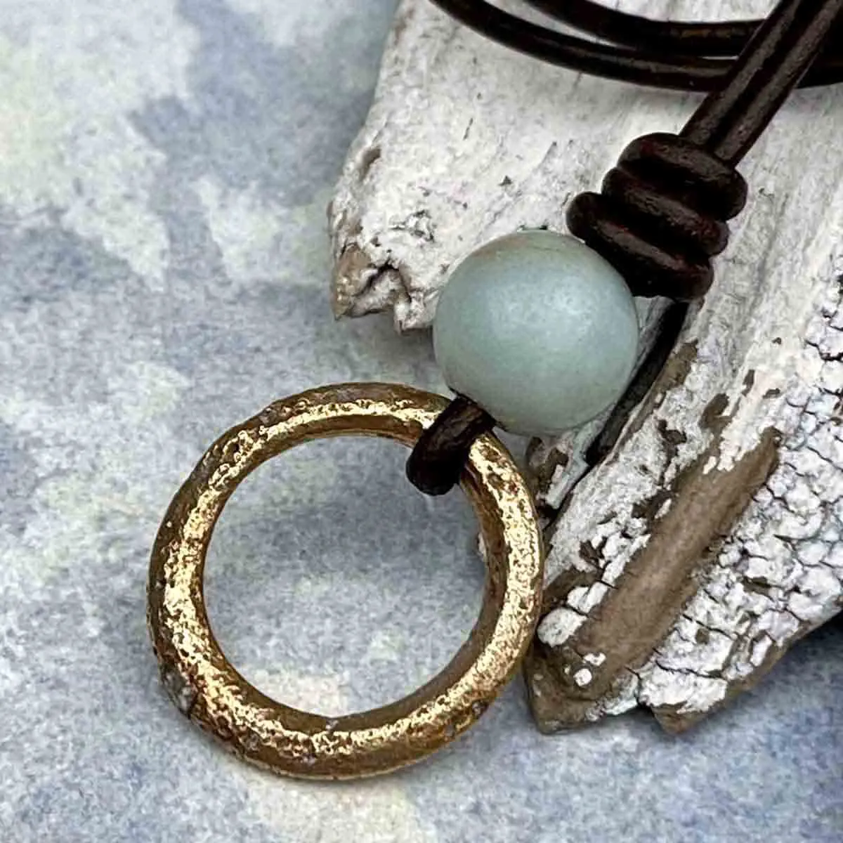 Rich Golden Bronze Raised Ridge Celtic Ring Money & Genuine Amazonite Leather Necklace | Artifact #8371