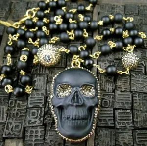 Roni Blanshay Onyx Skull Necklace with Crystals on Embellished Chain