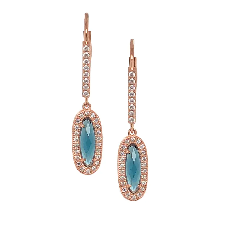 Rose Gold Finish Sterling Silver Micropave Oblong Earrings with Simulated London Blue Topaz and Simulated Diamonds