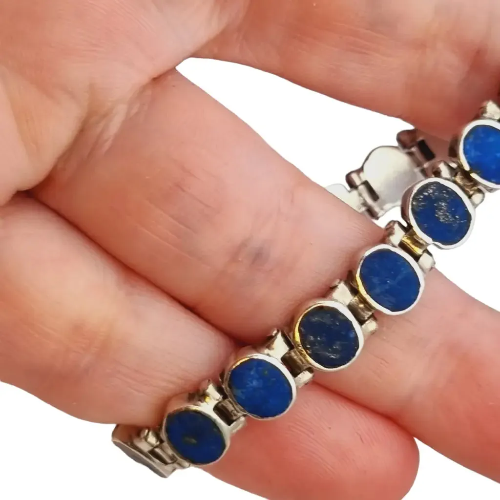 Silver and blue lapis lazuli bracelet, retro boho for women, 950 silver, 70s.