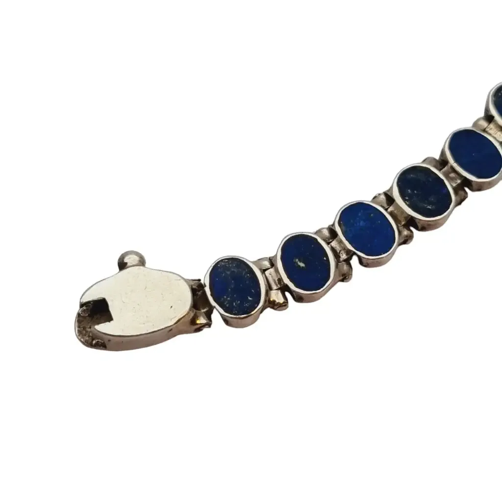 Silver and blue lapis lazuli bracelet, retro boho for women, 950 silver, 70s.