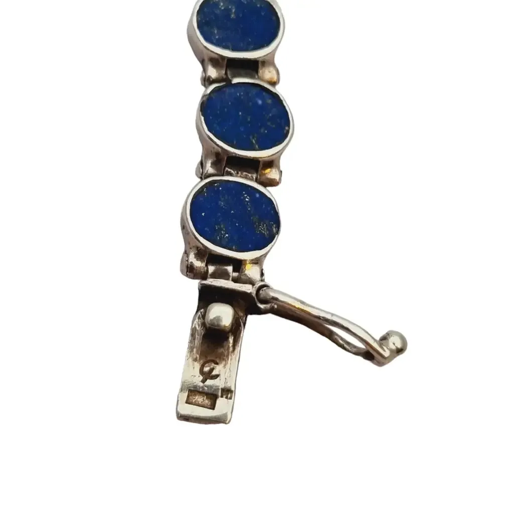 Silver and blue lapis lazuli bracelet, retro boho for women, 950 silver, 70s.