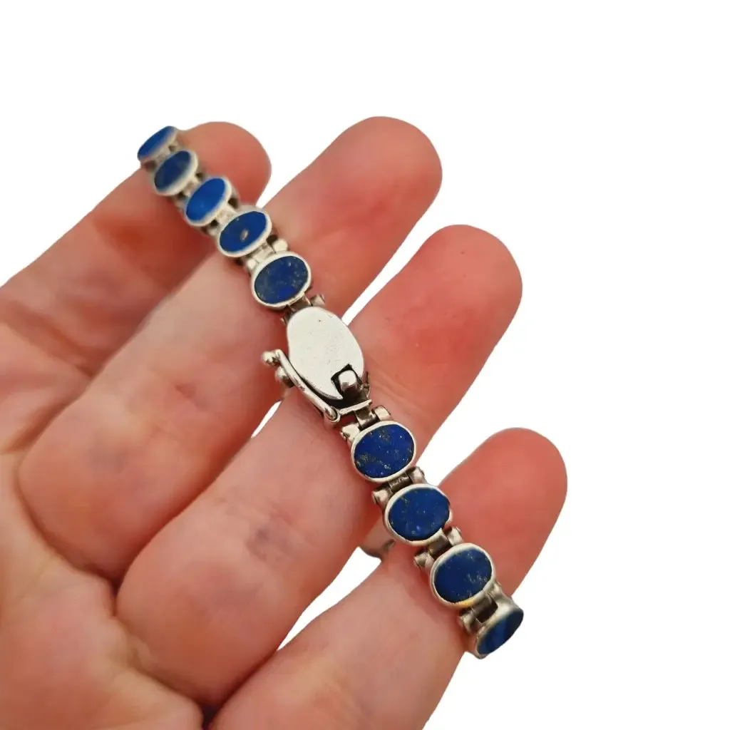 Silver and blue lapis lazuli bracelet, retro boho for women, 950 silver, 70s.