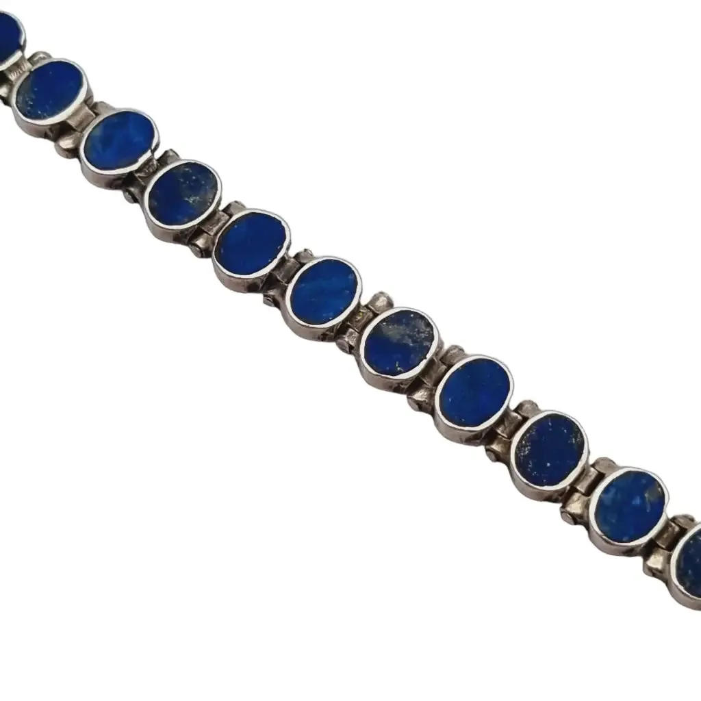 Silver and blue lapis lazuli bracelet, retro boho for women, 950 silver, 70s.