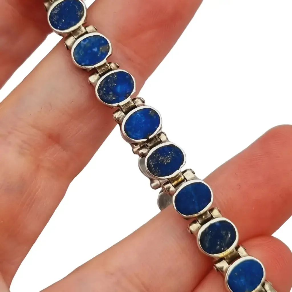 Silver and blue lapis lazuli bracelet, retro boho for women, 950 silver, 70s.