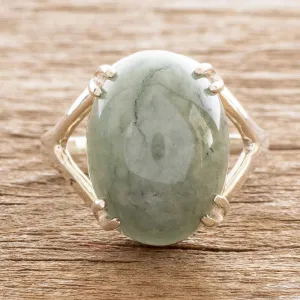 Sterling and Jade Cabochon Ring - Delicate Green | NOVICA