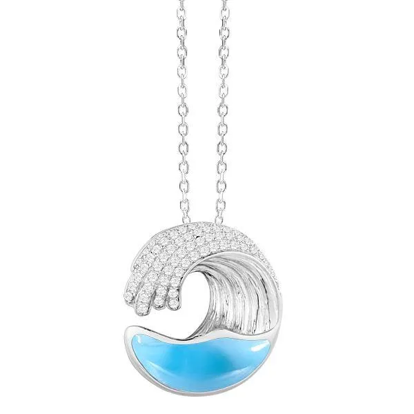 Sterling Silver Alamea Larimar Ocean Wave Pave CZ Pendant