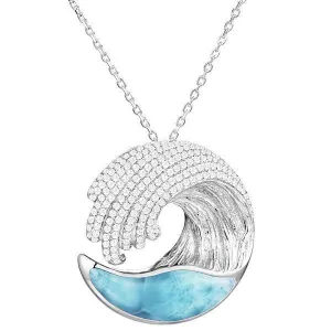 Sterling Silver Alamea Larimar Ocean Wave Pave CZ Pendant