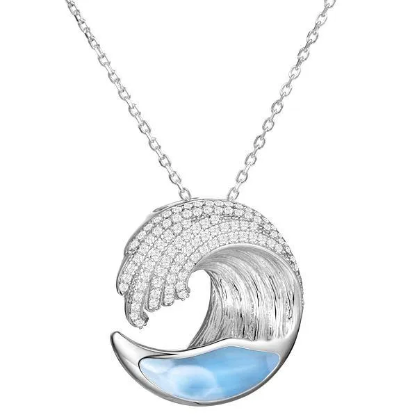 Sterling Silver Alamea Larimar Ocean Wave Pave CZ Pendant