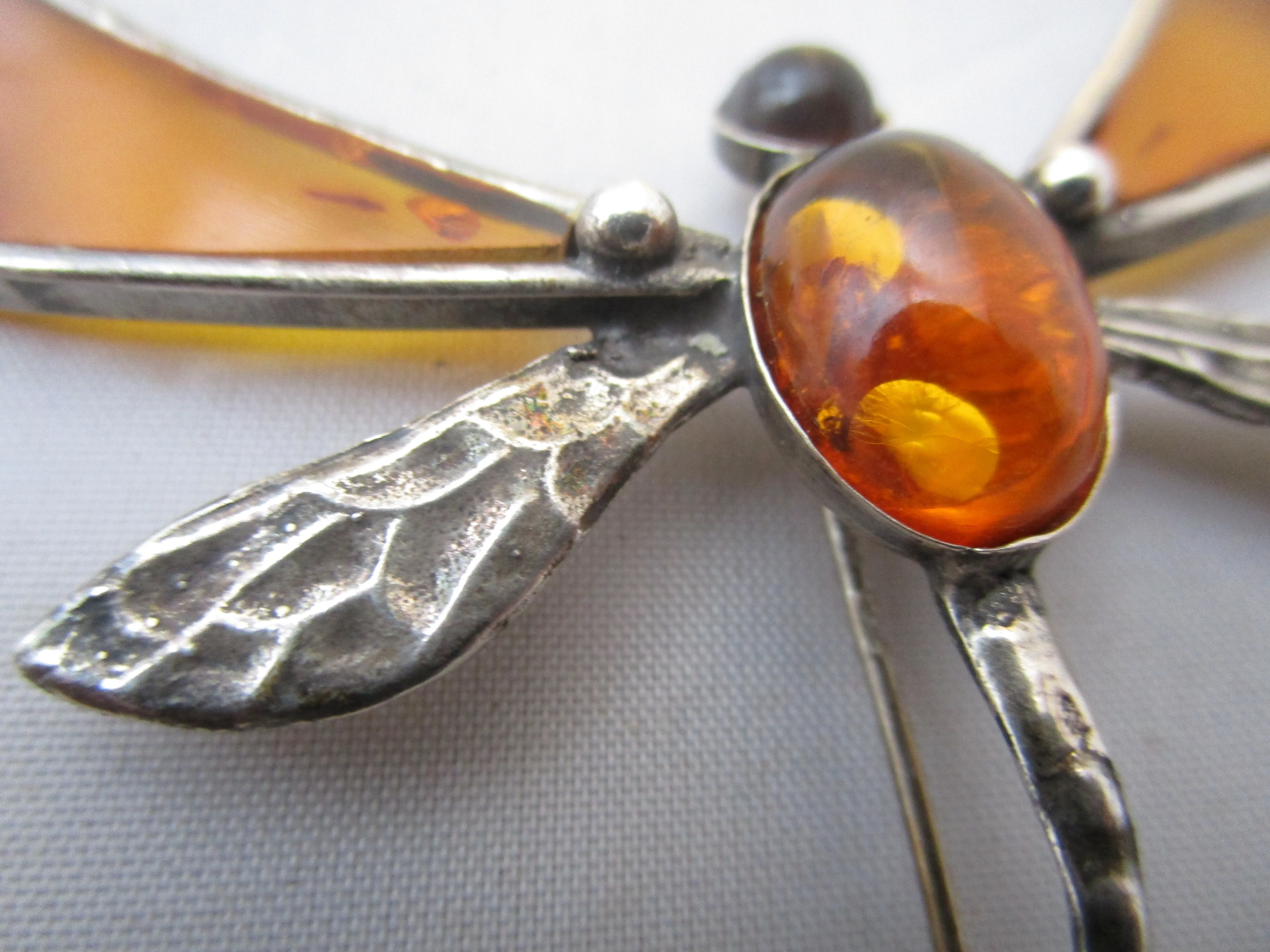 Sterling Silver And Amber Dragonfly Brooch Pin Vintage c1970