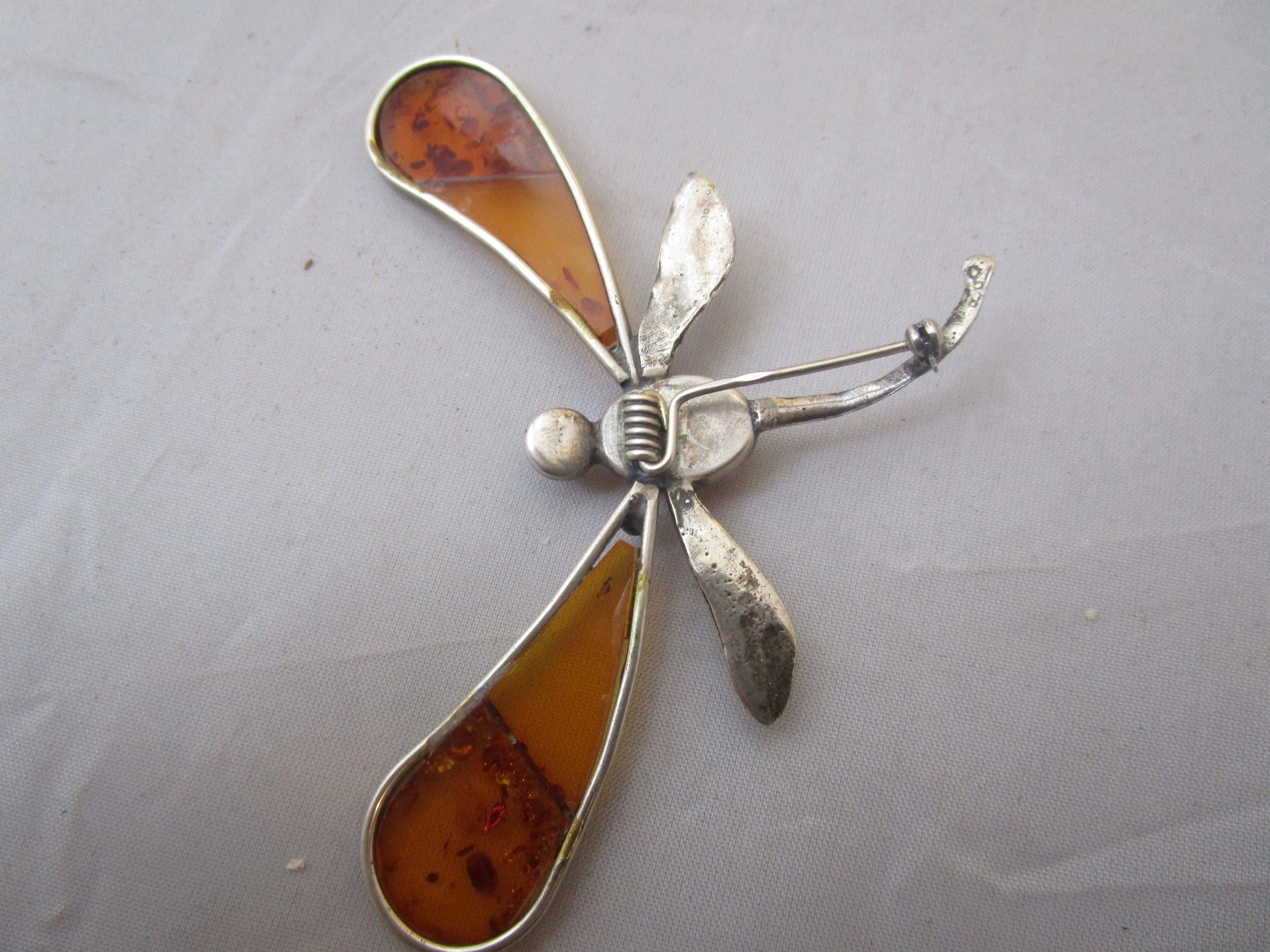 Sterling Silver And Amber Dragonfly Brooch Pin Vintage c1970