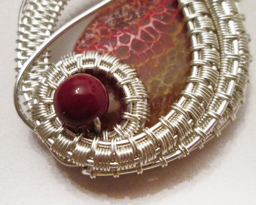 Sterling Silver Wire Woven & Fire Agate Pendant