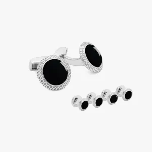 Tateossian Rhodium plated Bullseye cufflinks and studs set with onyx