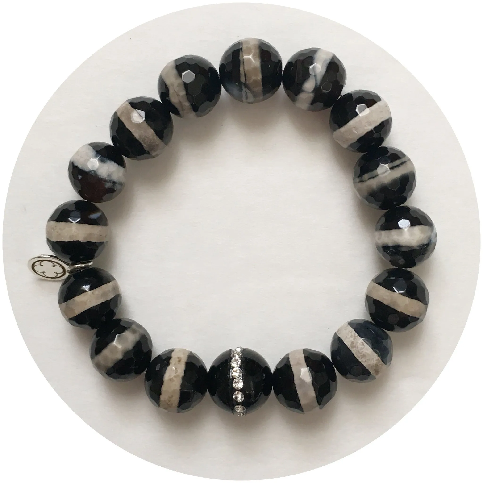 Tibetan Black Zebra Agate with Black Onyx CZ Stripe