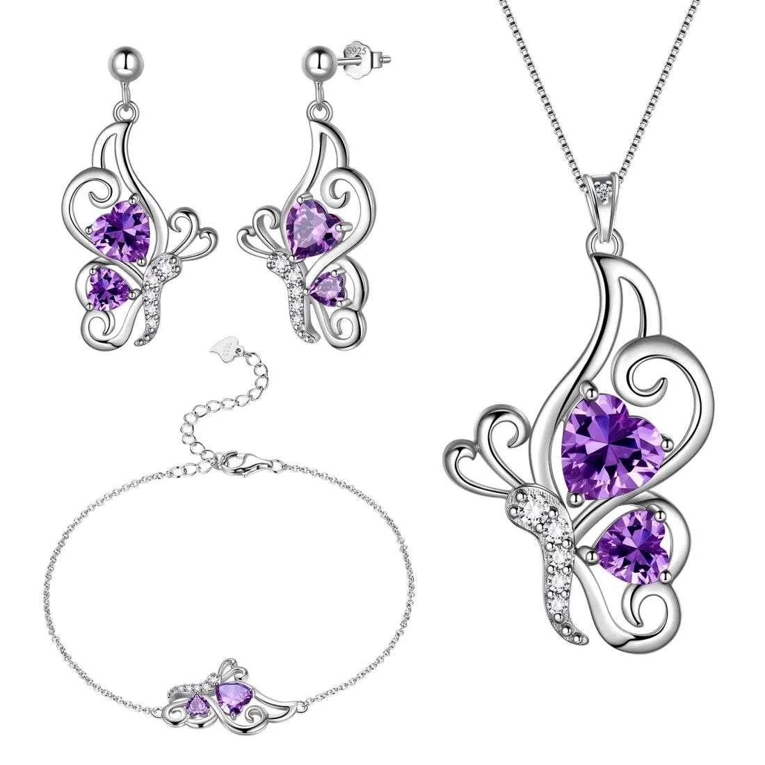 Tokyo Mart Butterfly Birthstone February Amethyst Jewelry Set 4PCS Women Girls Birthday Gift