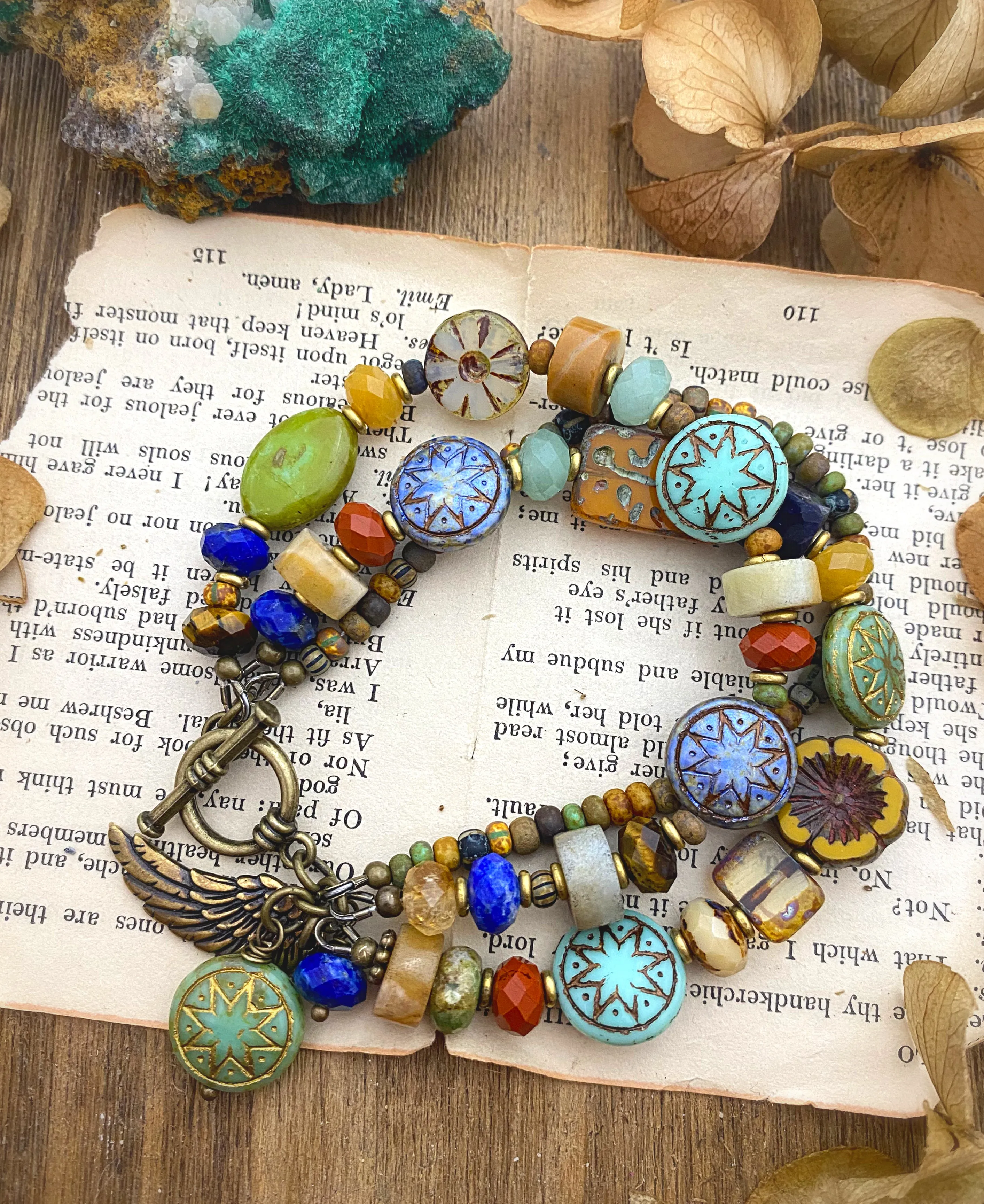 Tucson vibes. Czech glass, mixed stones, multi strand, bronze metal, bracelet.