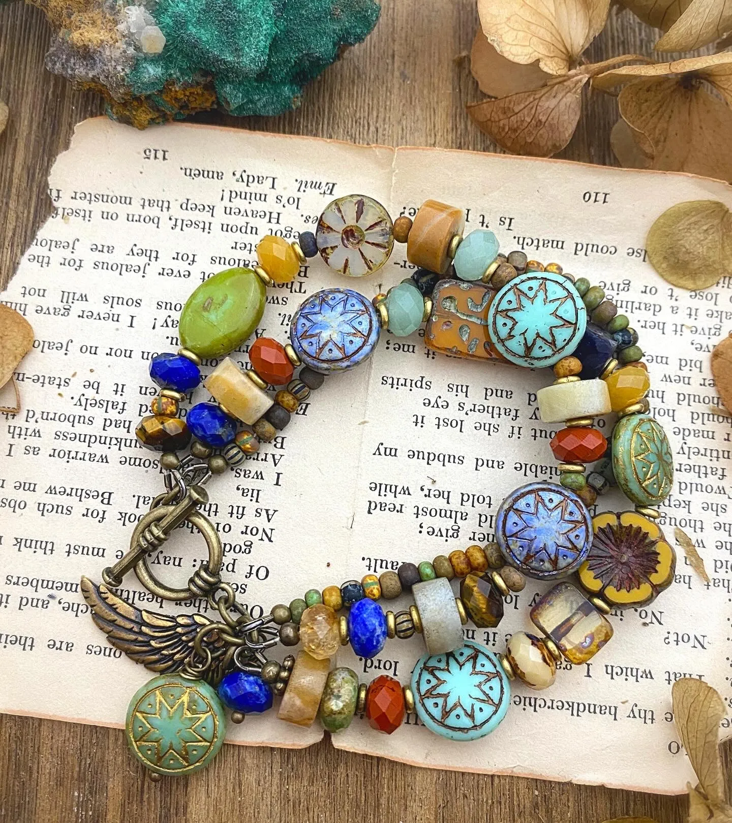 Tucson vibes. Czech glass, mixed stones, multi strand, bronze metal, bracelet.