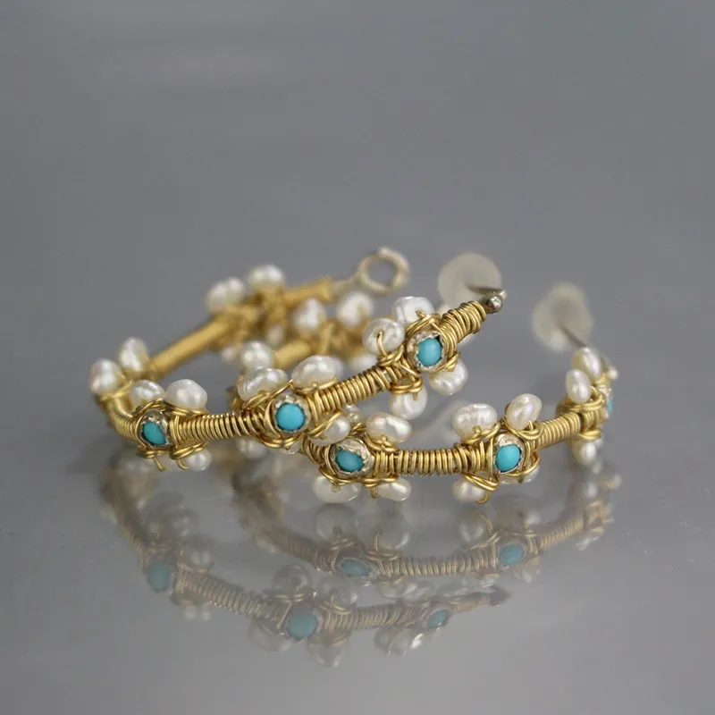 Turquoise Pearl Flower Hoop Earrings