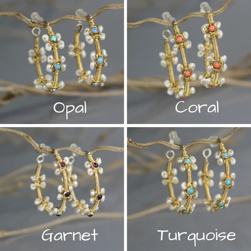 Turquoise Pearl Flower Hoop Earrings