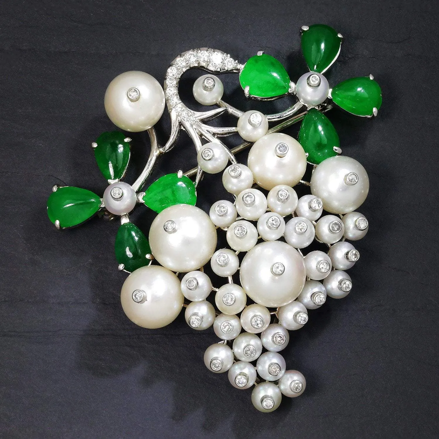 Vintage Floral Pearl Brooch Pin with Diamonds and Jade in Platinum