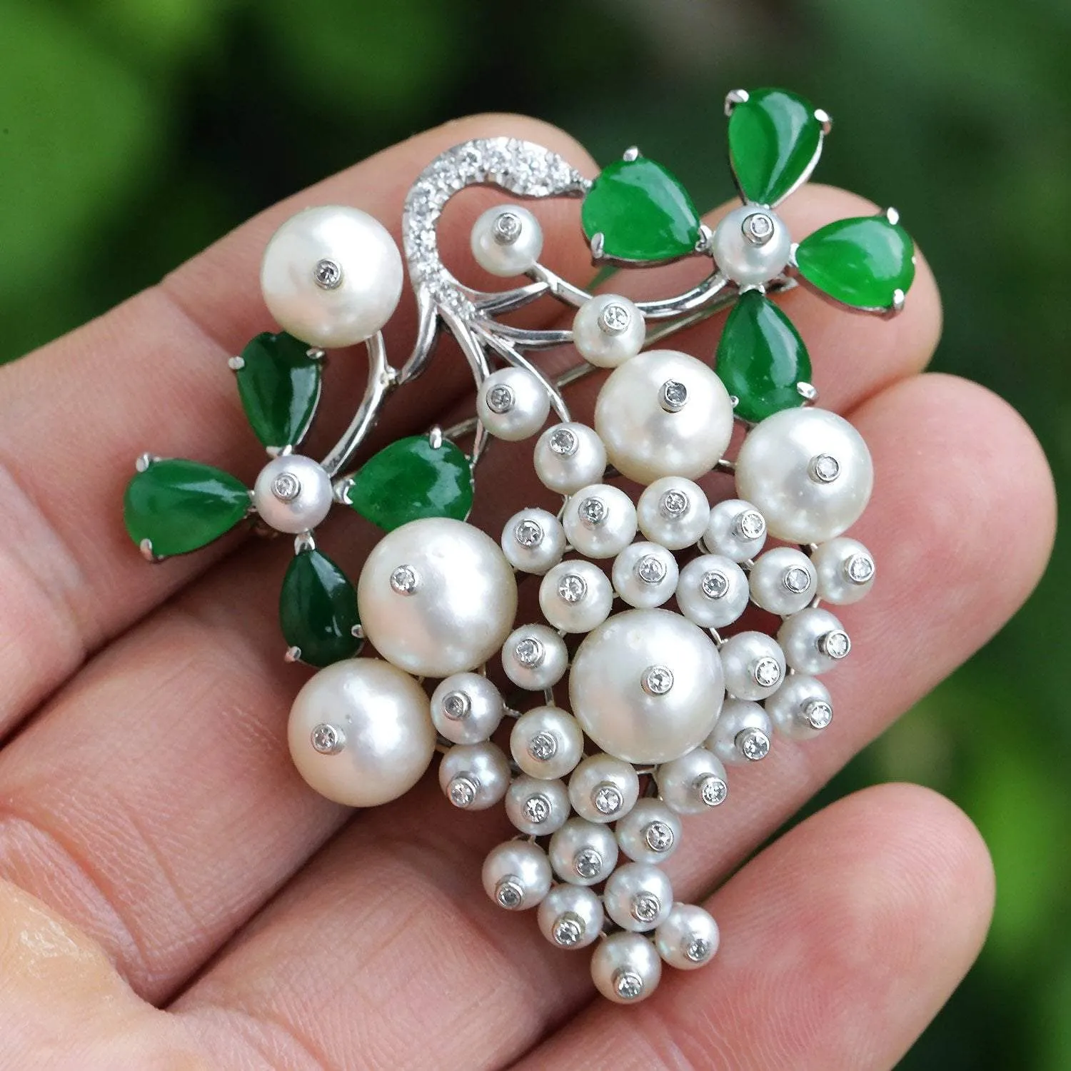 Vintage Floral Pearl Brooch Pin with Diamonds and Jade in Platinum