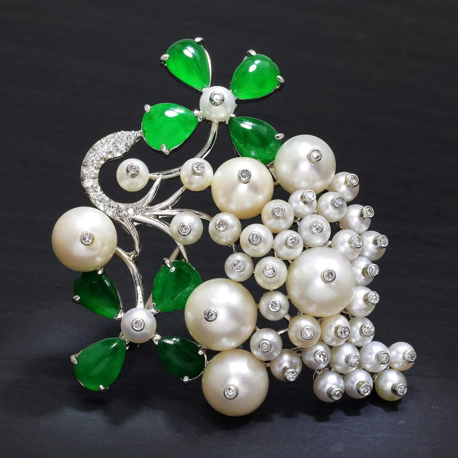 Vintage Floral Pearl Brooch Pin with Diamonds and Jade in Platinum