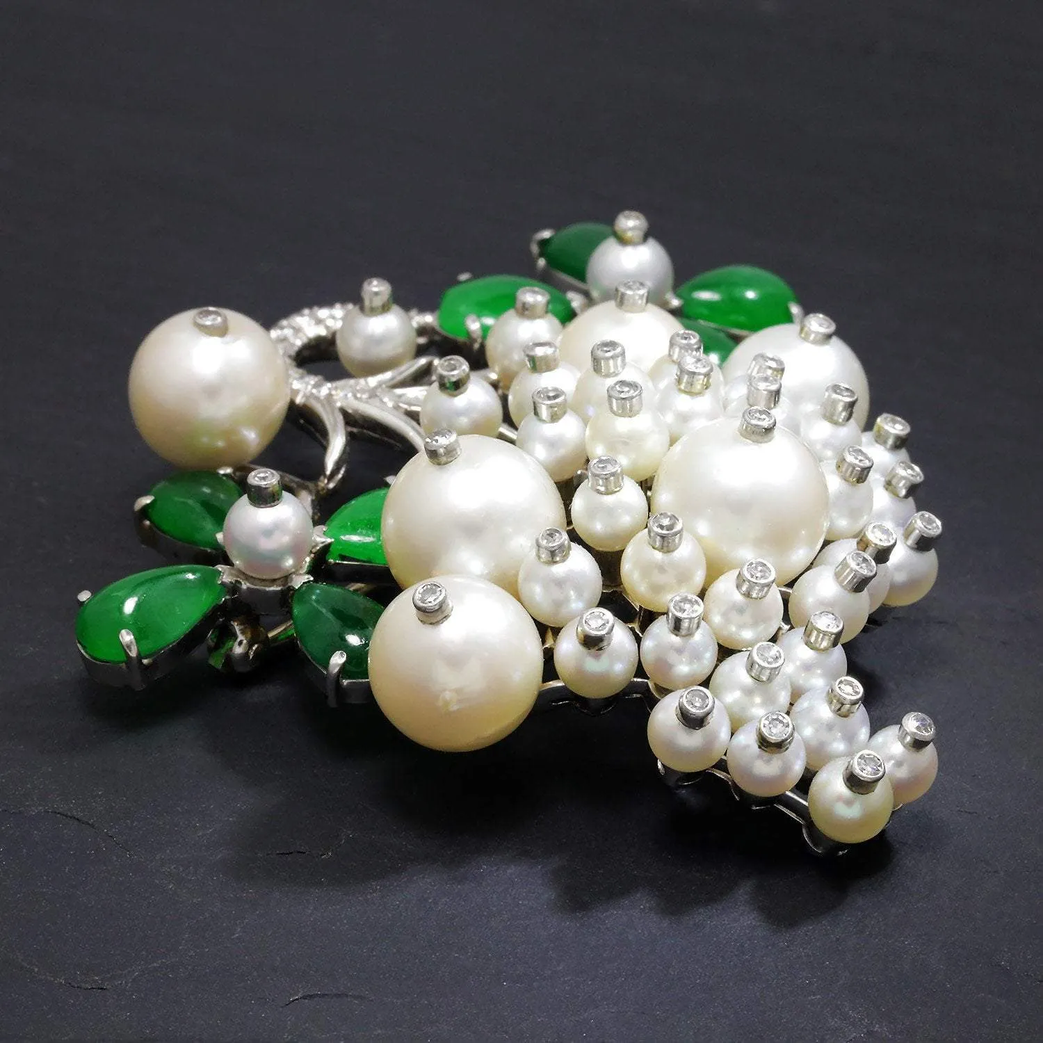 Vintage Floral Pearl Brooch Pin with Diamonds and Jade in Platinum