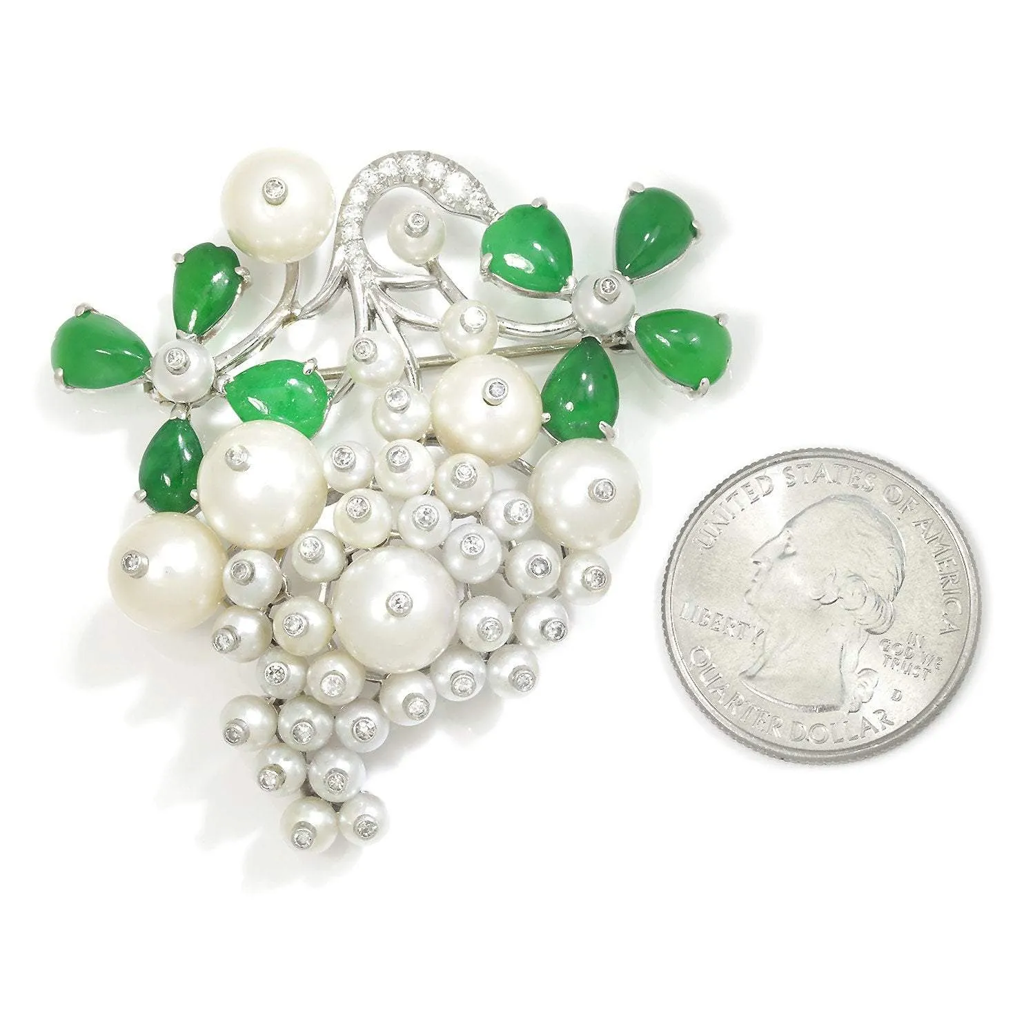 Vintage Floral Pearl Brooch Pin with Diamonds and Jade in Platinum