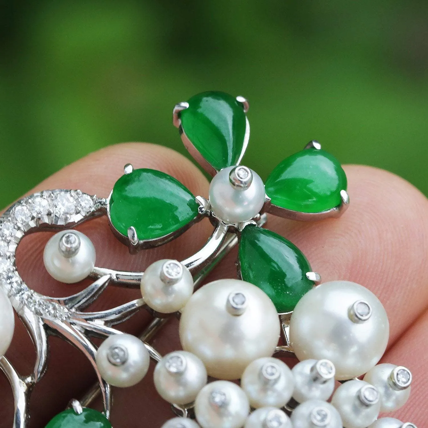 Vintage Floral Pearl Brooch Pin with Diamonds and Jade in Platinum