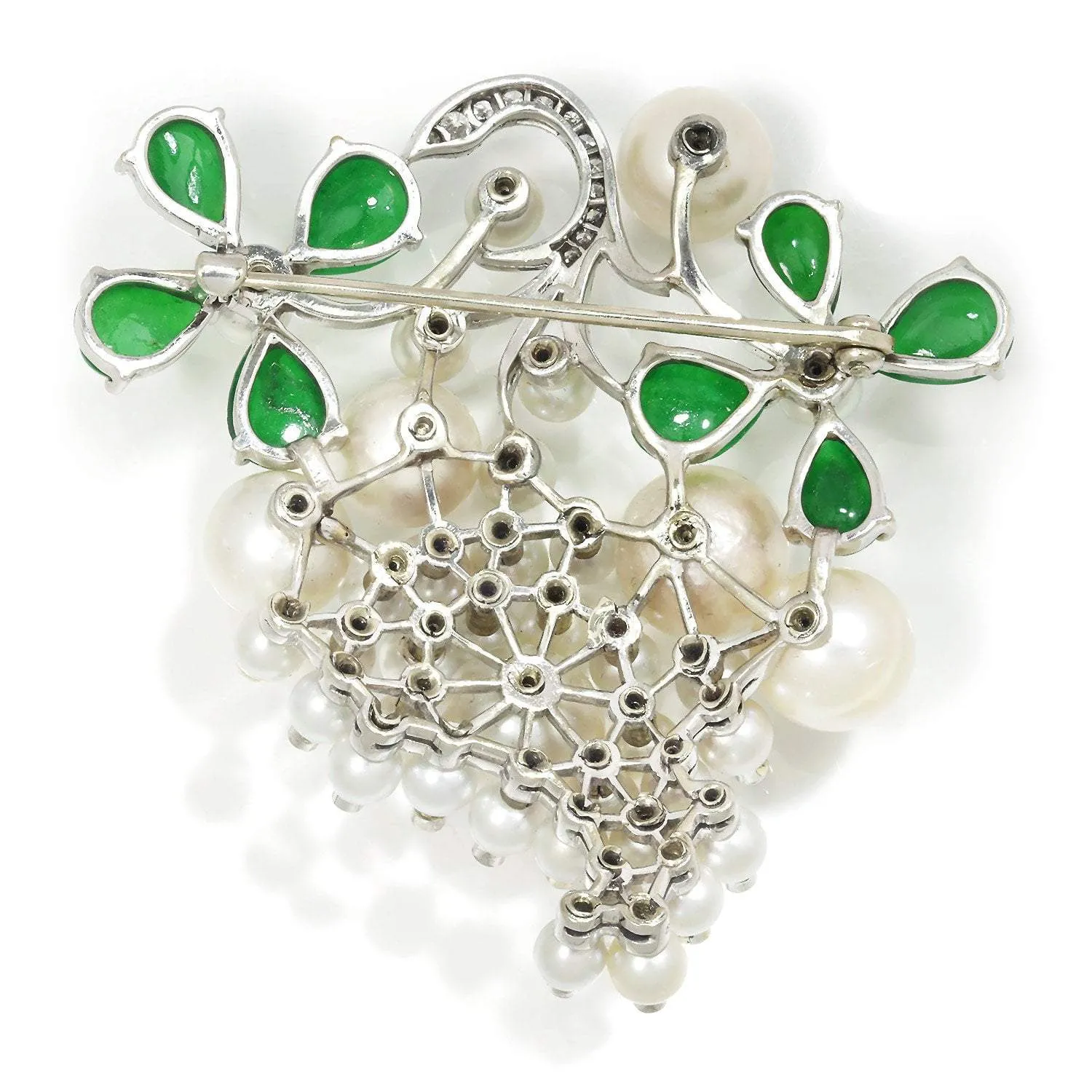 Vintage Floral Pearl Brooch Pin with Diamonds and Jade in Platinum