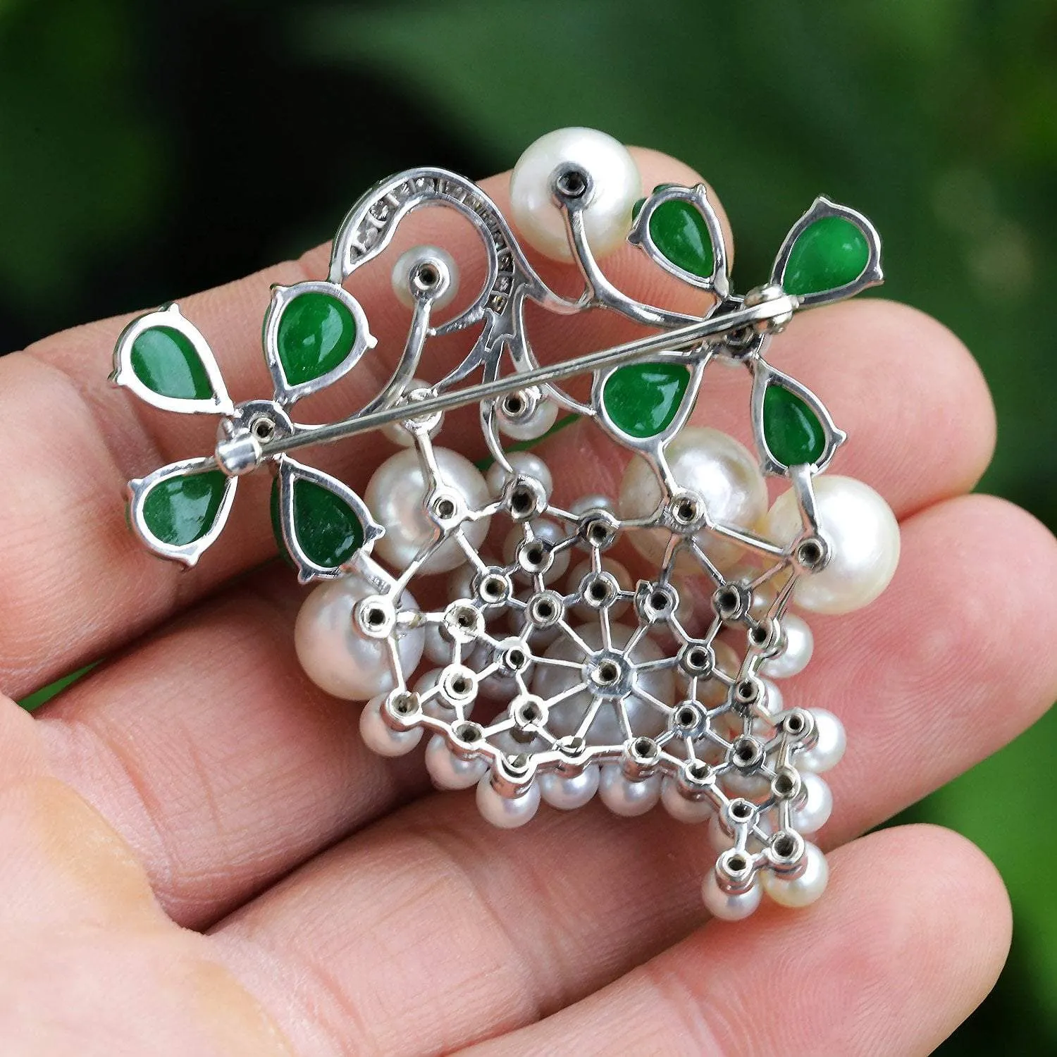 Vintage Floral Pearl Brooch Pin with Diamonds and Jade in Platinum