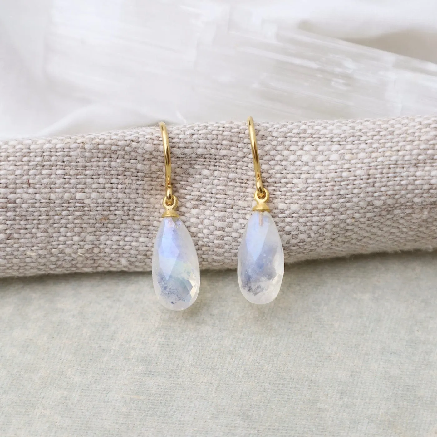 Wire Faceted Rainbow Moonstone Earrings